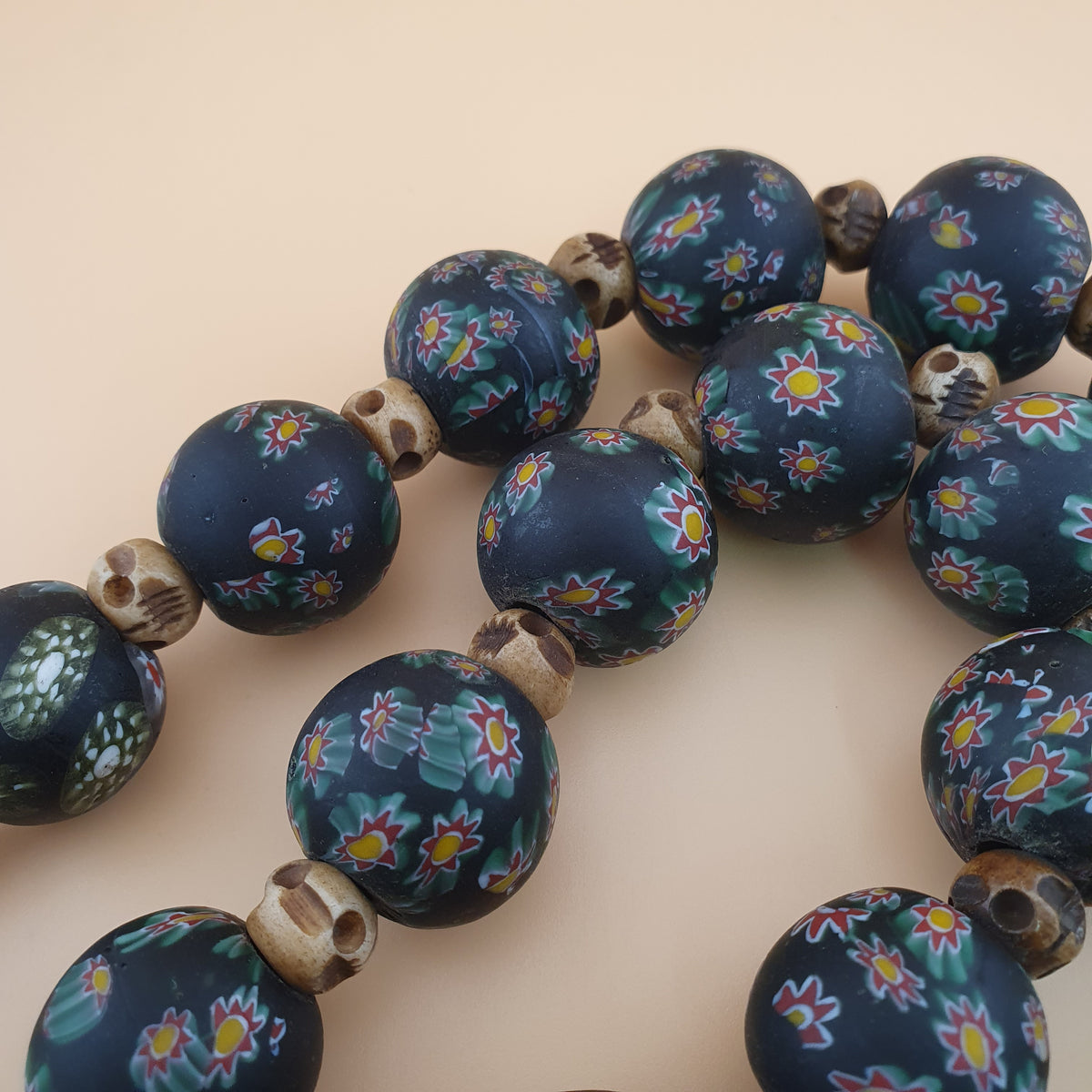Vintage Venetian Style Millefiori Floral Glass & Antique Bone Beads Necklace