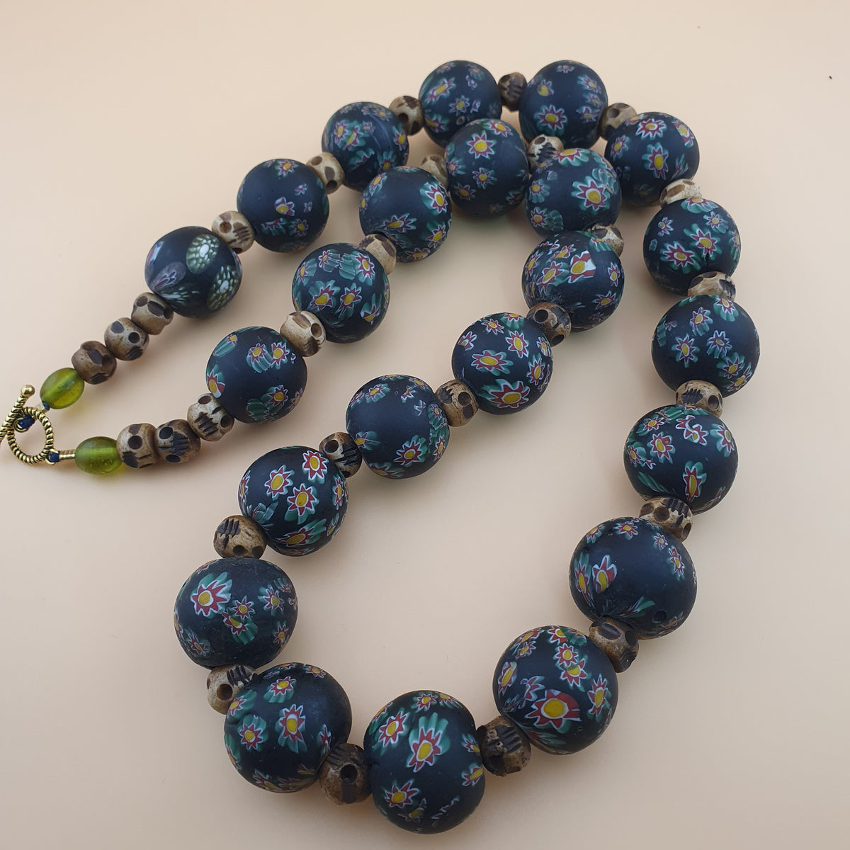 Vintage Venetian Style Millefiori Floral Glass & Antique Bone Beads Necklace