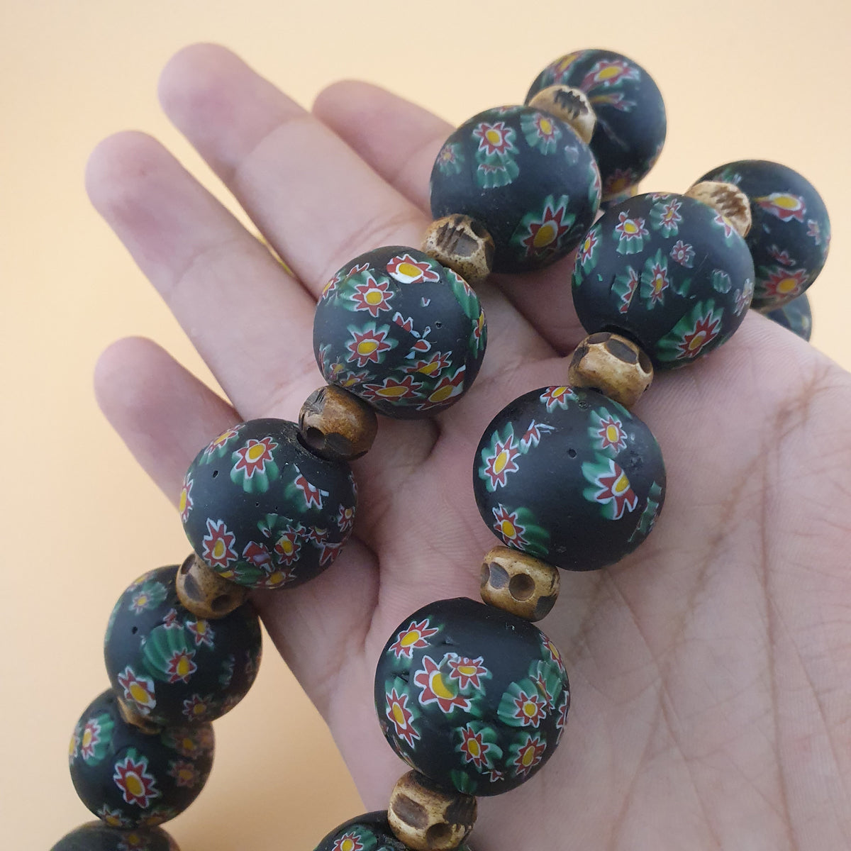 Vintage Venetian Style Millefiori Floral Glass & Antique Bone Beads Necklace