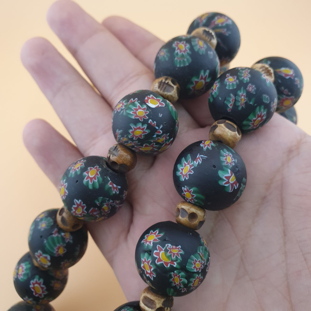 Vintage Venetian Style Millefiori Floral Glass & Antique Bone Beads Necklace