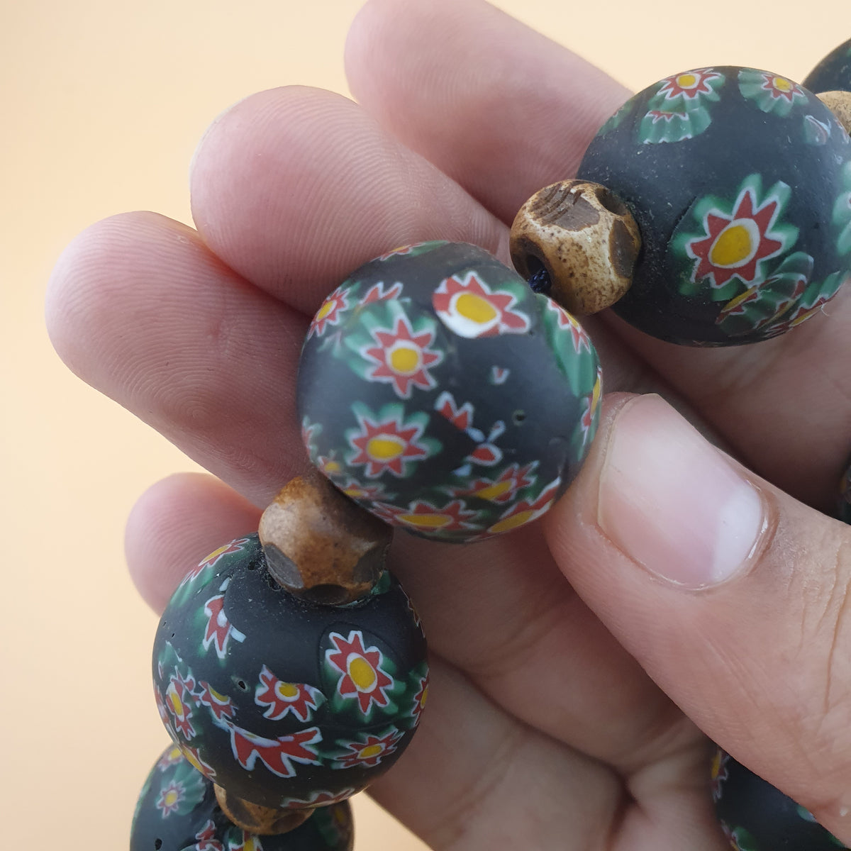 Vintage Venetian Style Millefiori Floral Glass & Antique Bone Beads Necklace