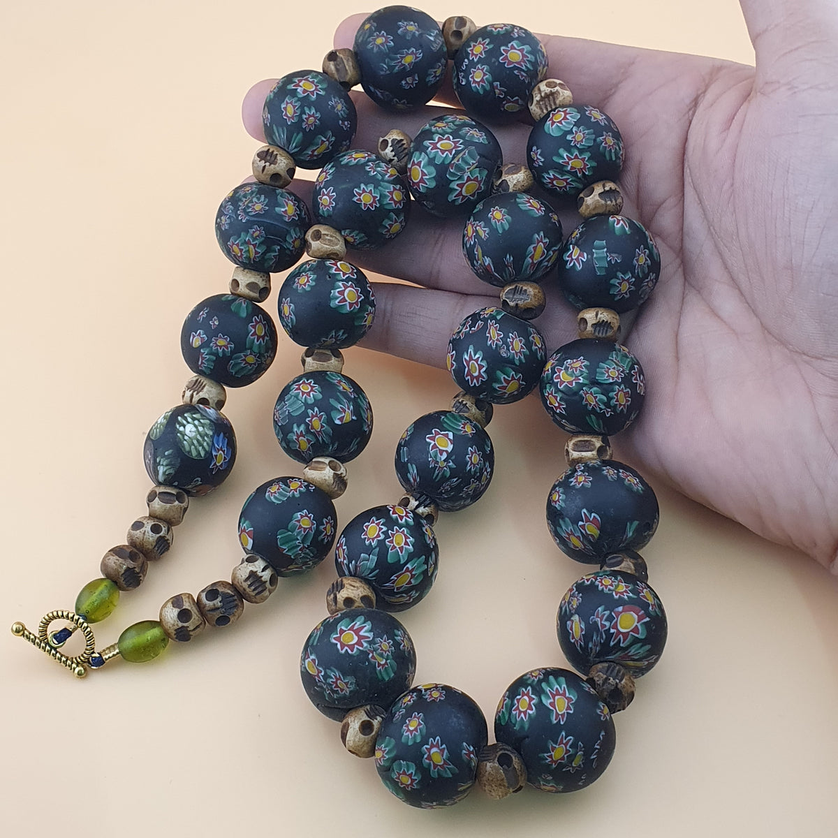 Vintage Venetian Style Millefiori Floral Glass & Antique Bone Beads Necklace