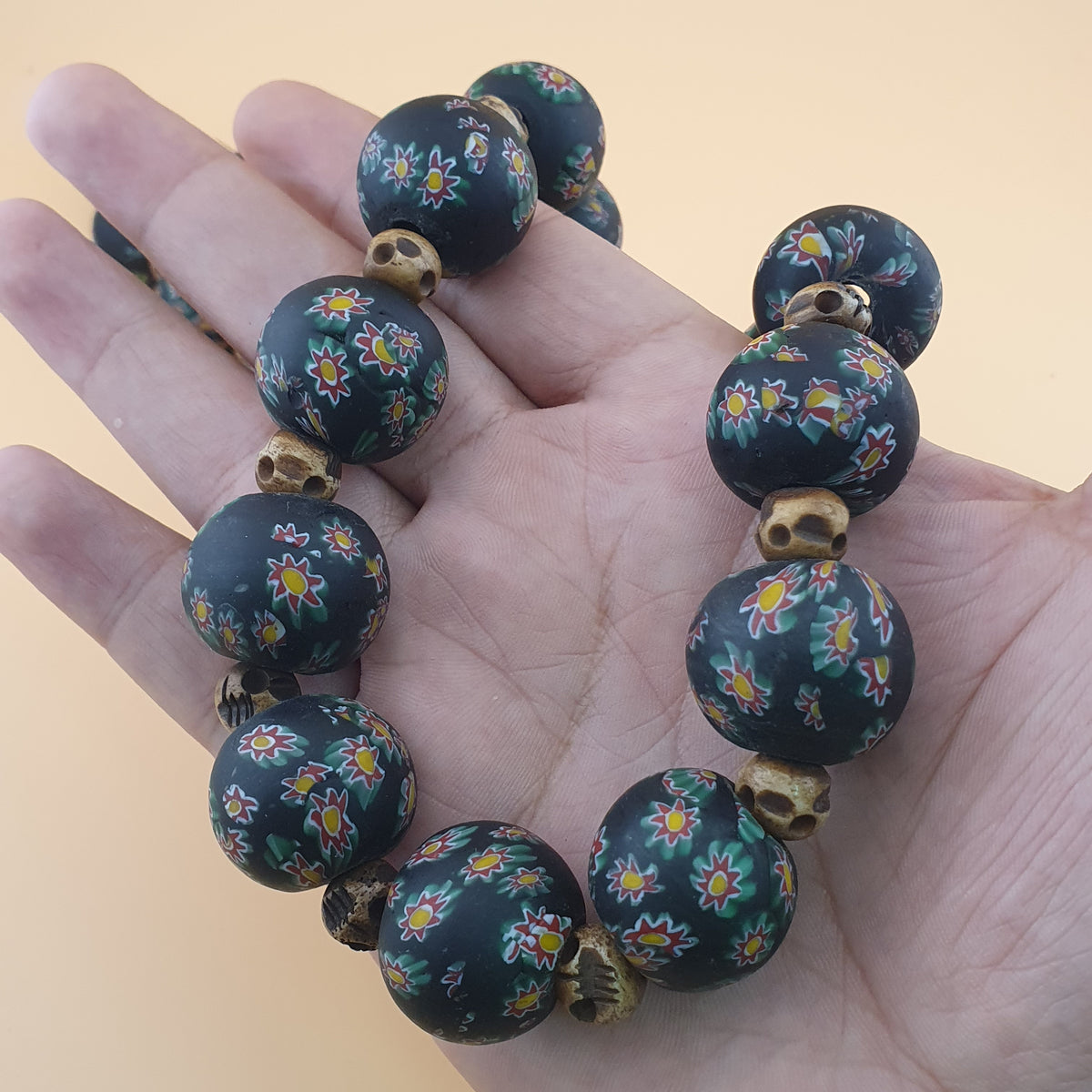 Vintage Venetian Style Millefiori Floral Glass & Antique Bone Beads Necklace
