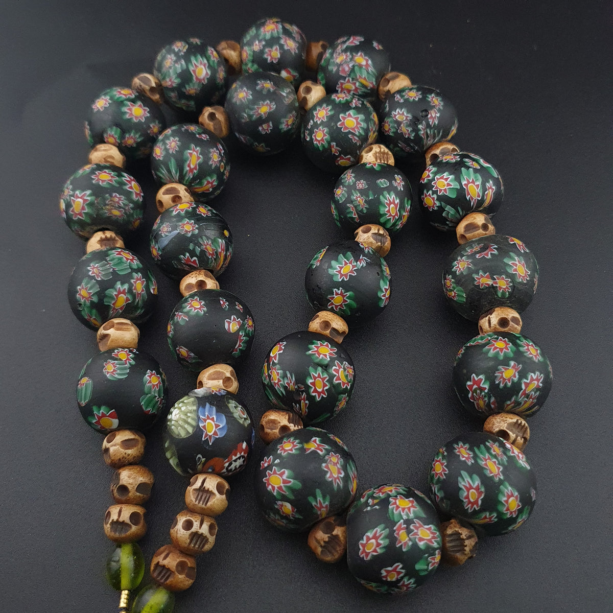 Vintage Venetian Style Millefiori Floral Glass & Antique Bone Beads Necklace