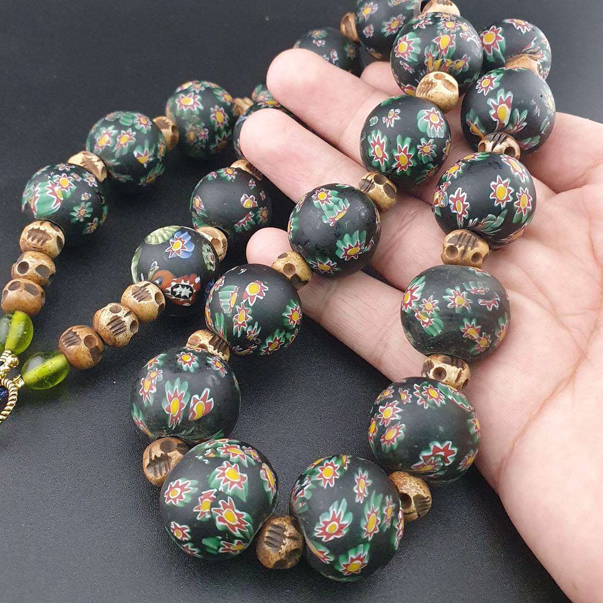 Vintage Venetian Style Millefiori Floral Glass & Antique Bone Beads Necklace