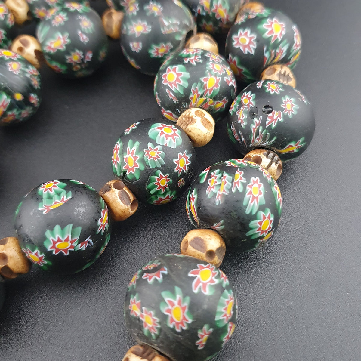 Vintage Venetian Style Millefiori Floral Glass & Antique Bone Beads Necklace
