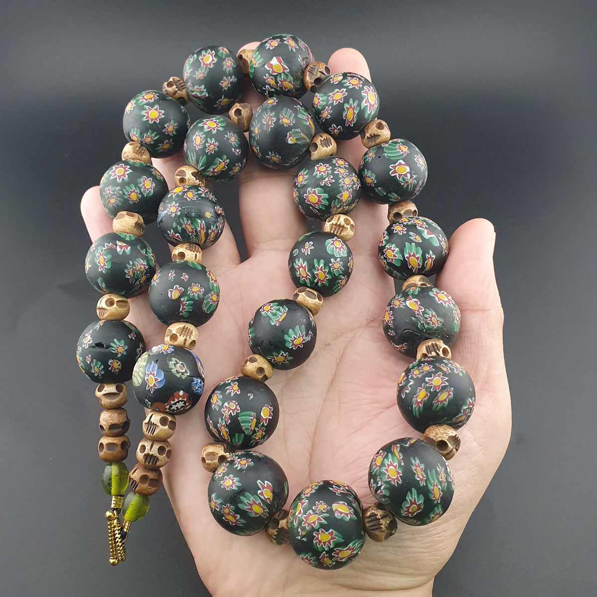 Vintage Venetian Style Millefiori Floral Glass & Antique Bone Beads Necklace