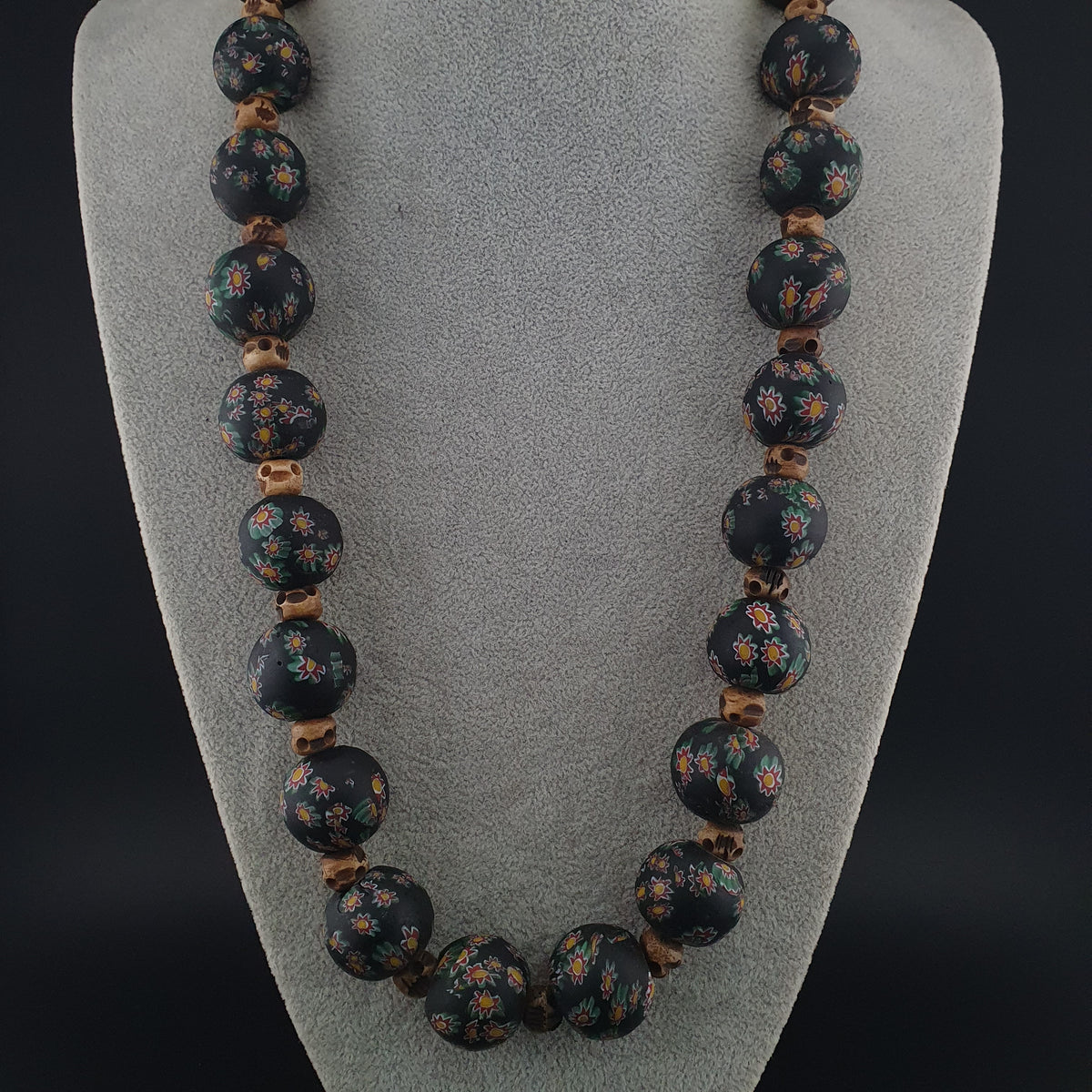 Vintage Venetian Style Millefiori Floral Glass & Antique Bone Beads Necklace