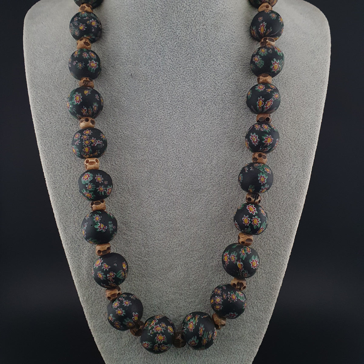 Vintage Venetian Style Millefiori Floral Glass & Antique Bone Beads Necklace