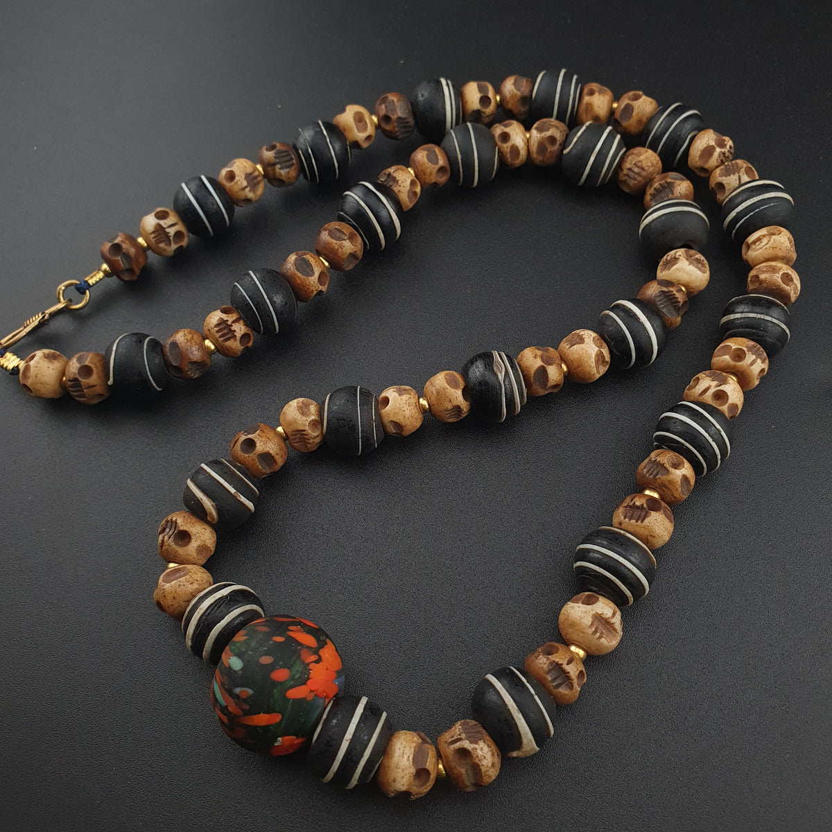 Antique Skull shape Bone & African Style Glass Beads Necklace