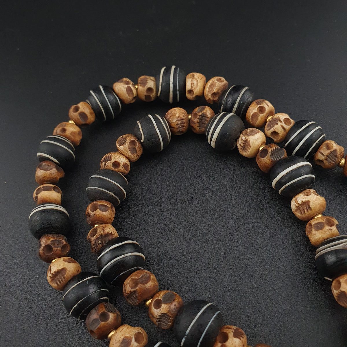 Antique Skull shape Bone & African Style Glass Beads Necklace