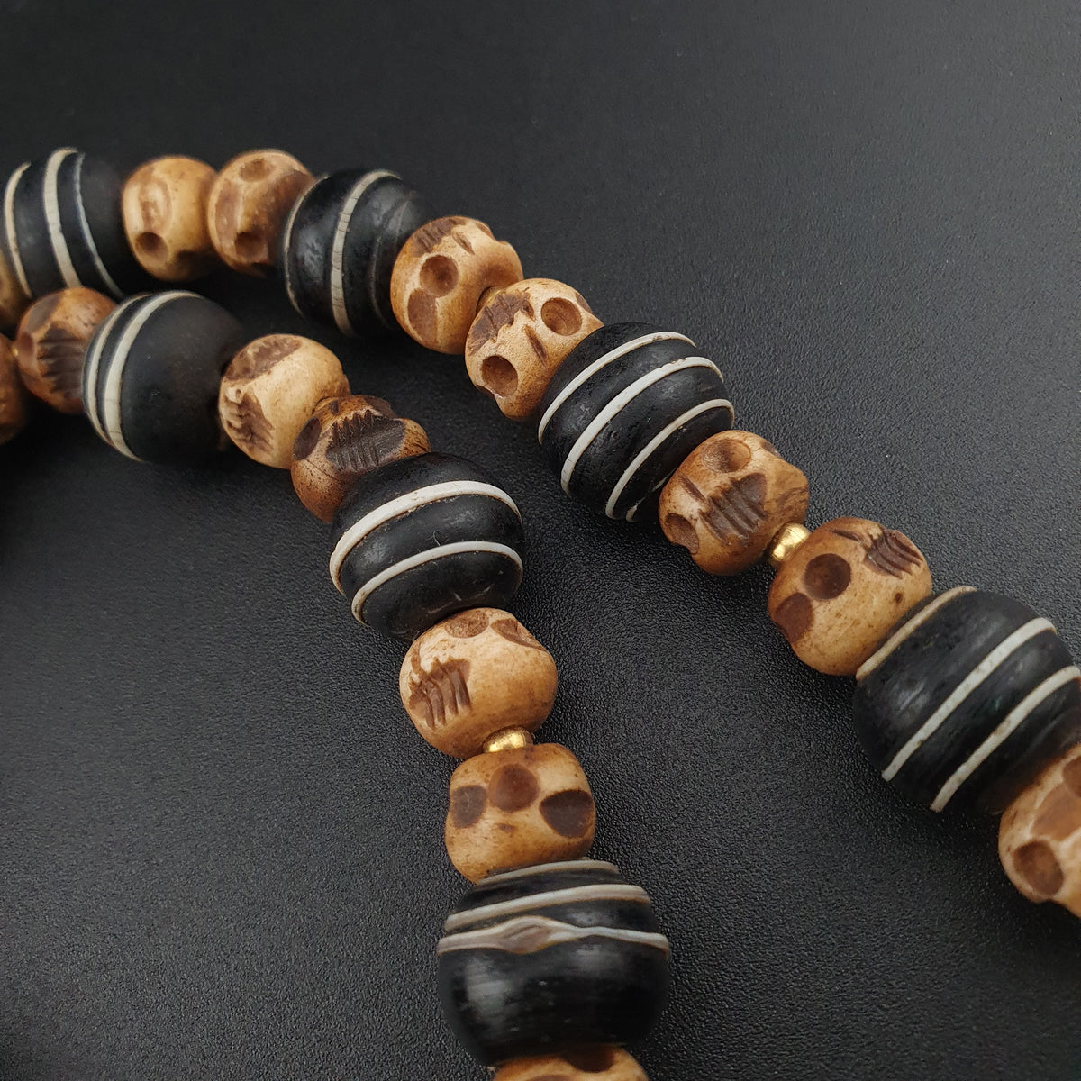 Antique Skull shape Bone & African Style Glass Beads Necklace
