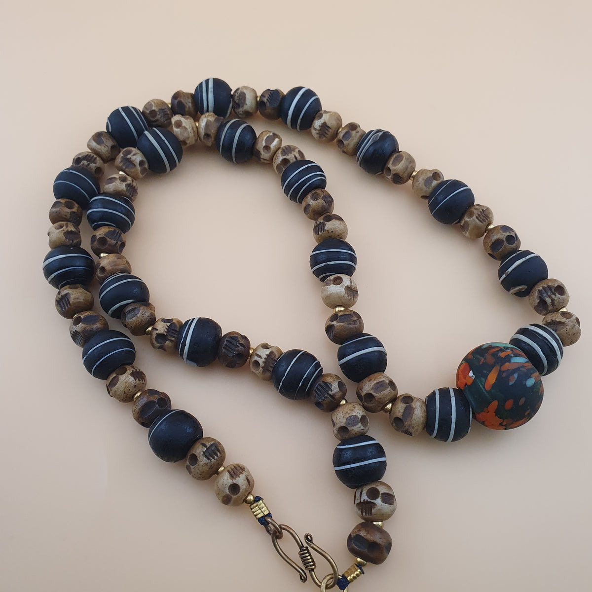 Antique Skull shape Bone & African Style Glass Beads Necklace