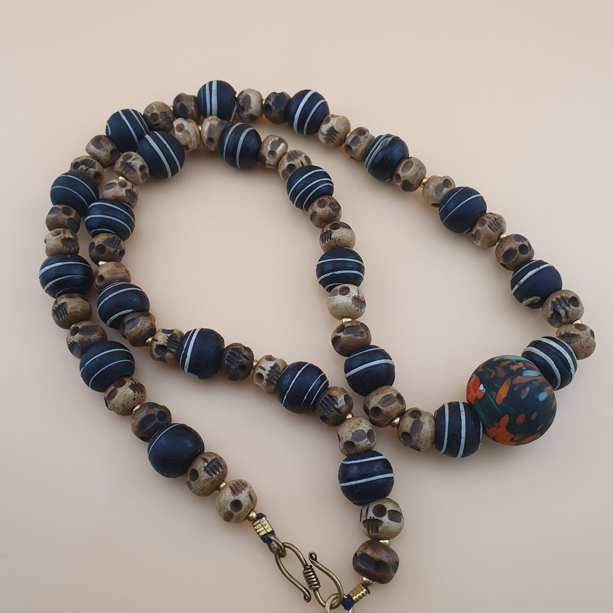 Antique Skull shape Bone & African Style Glass Beads Necklace