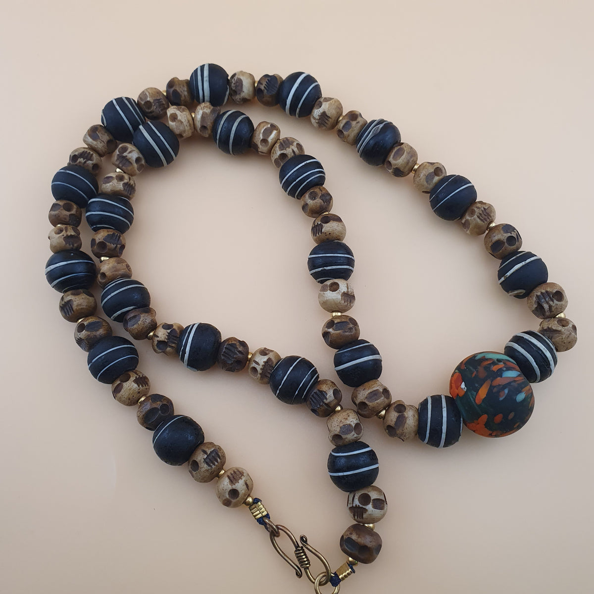 Antique Skull shape Bone & African Style Glass Beads Necklace