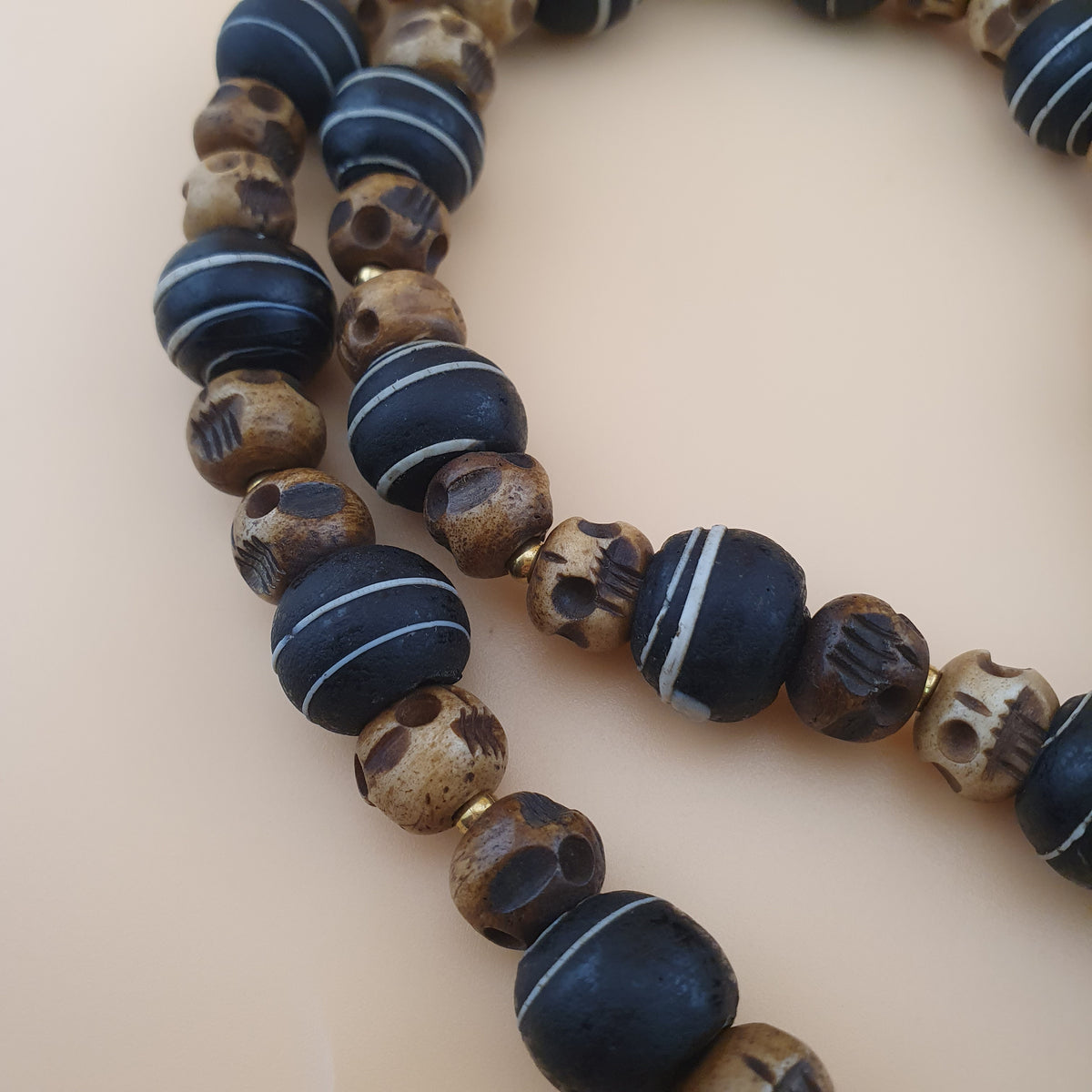 Antique Skull shape Bone & African Style Glass Beads Necklace