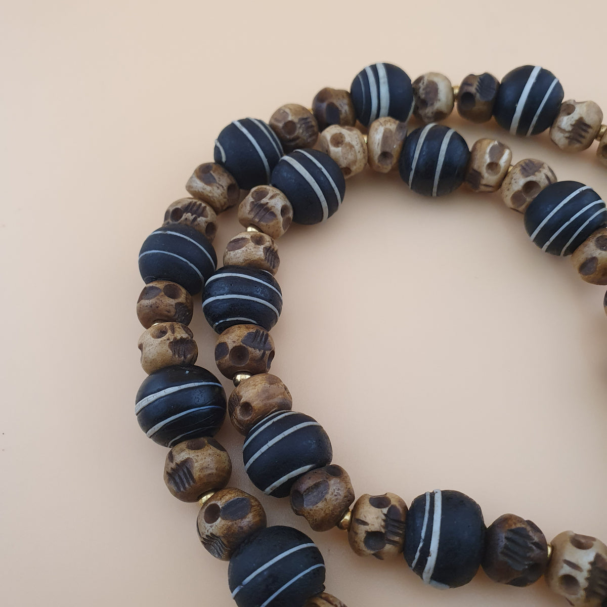 Antique Skull shape Bone & African Style Glass Beads Necklace