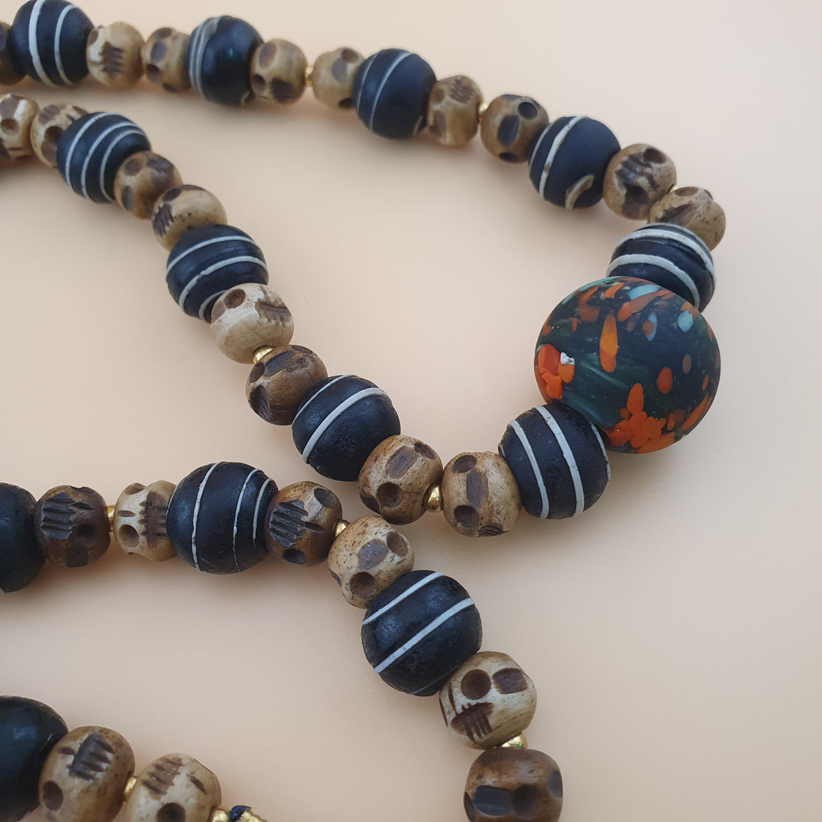 Antique Skull shape Bone & African Style Glass Beads Necklace