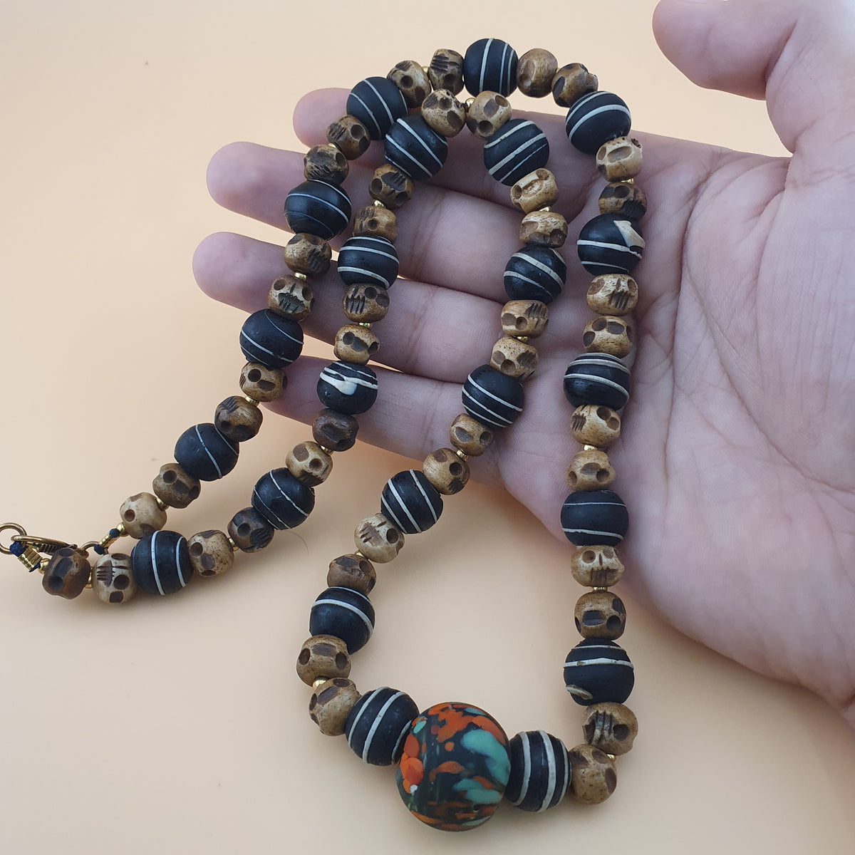 Antique Skull shape Bone & African Style Glass Beads Necklace
