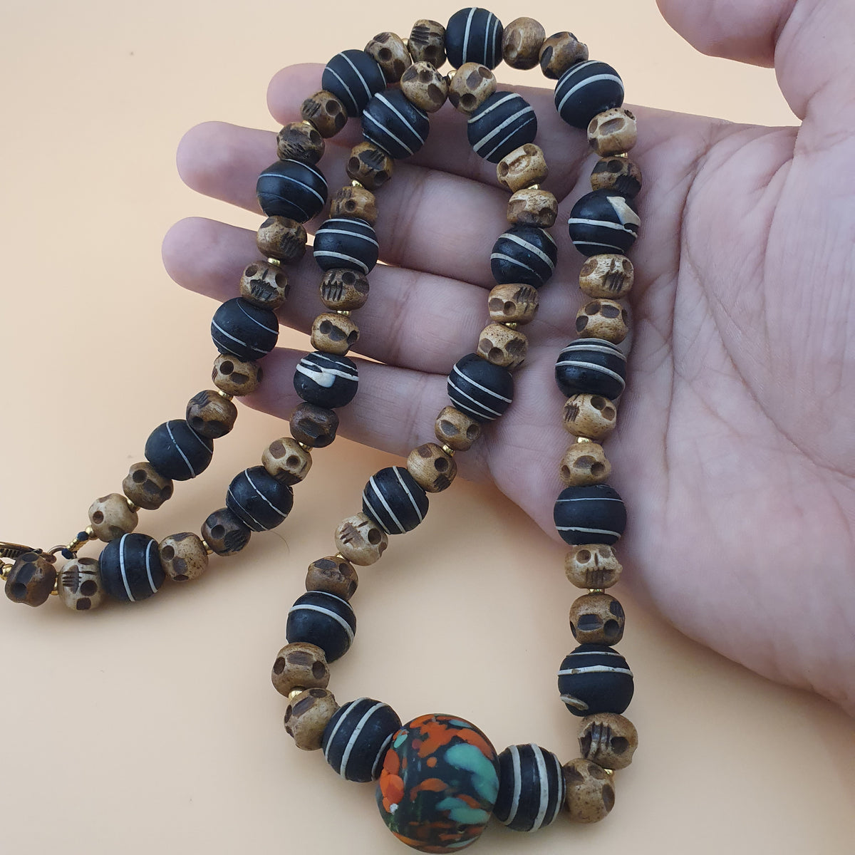 Antique Skull shape Bone & African Style Glass Beads Necklace