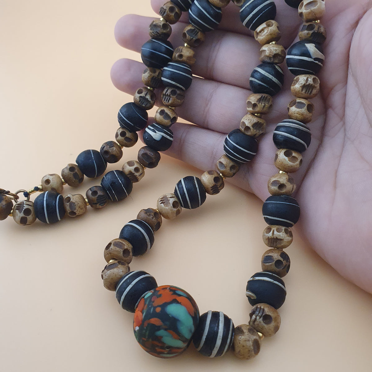 Antique Skull shape Bone & African Style Glass Beads Necklace