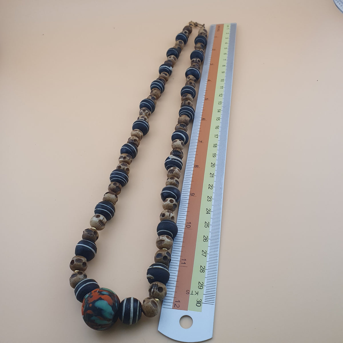 Antique Skull shape Bone & African Style Glass Beads Necklace