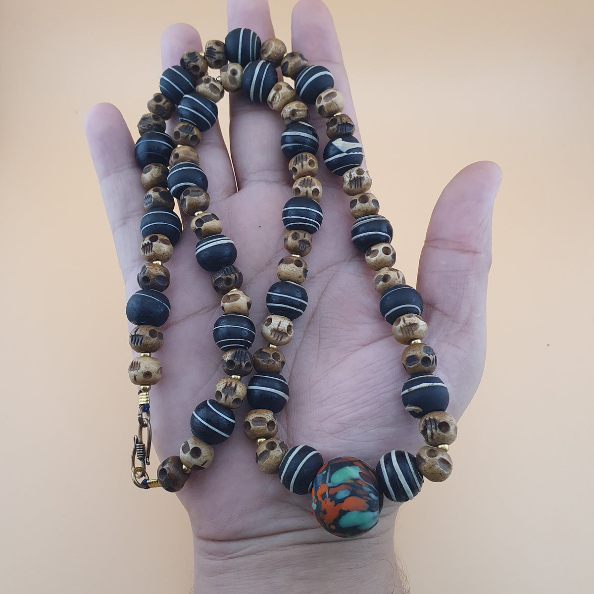 Antique Skull shape Bone & African Style Glass Beads Necklace