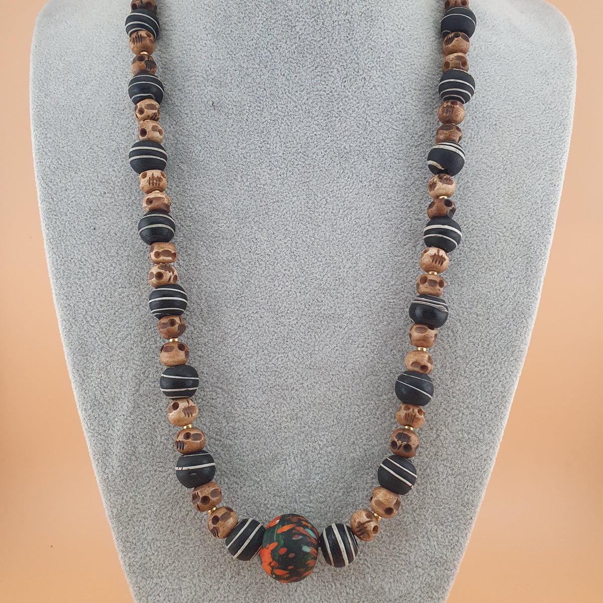 Antique Skull shape Bone & African Style Glass Beads Necklace