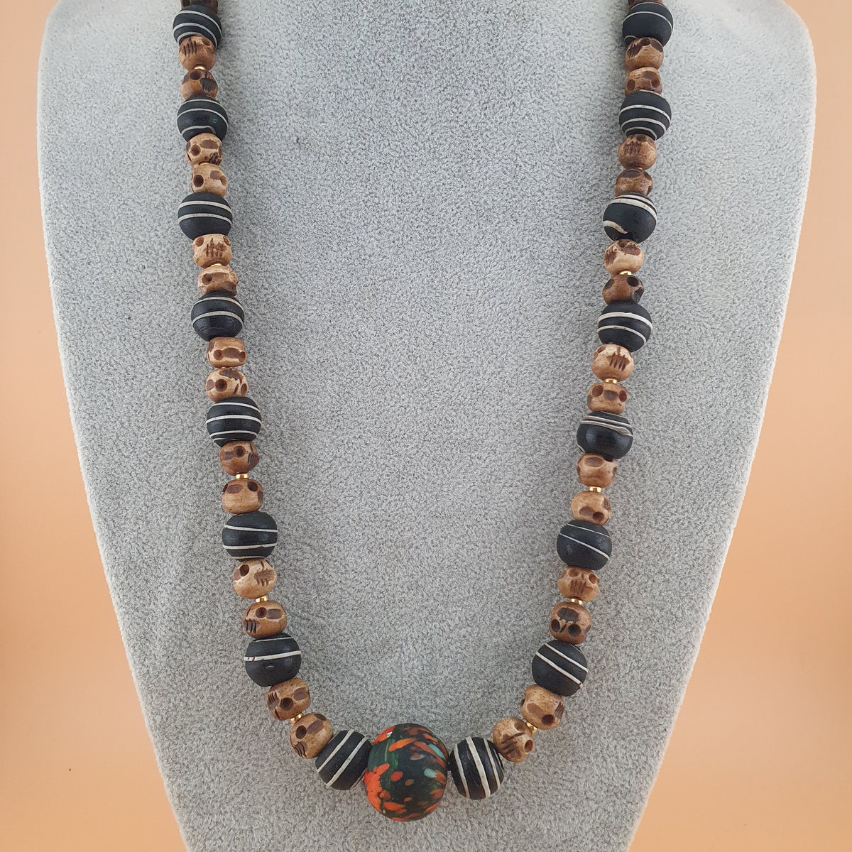 Antique Skull shape Bone & African Style Glass Beads Necklace