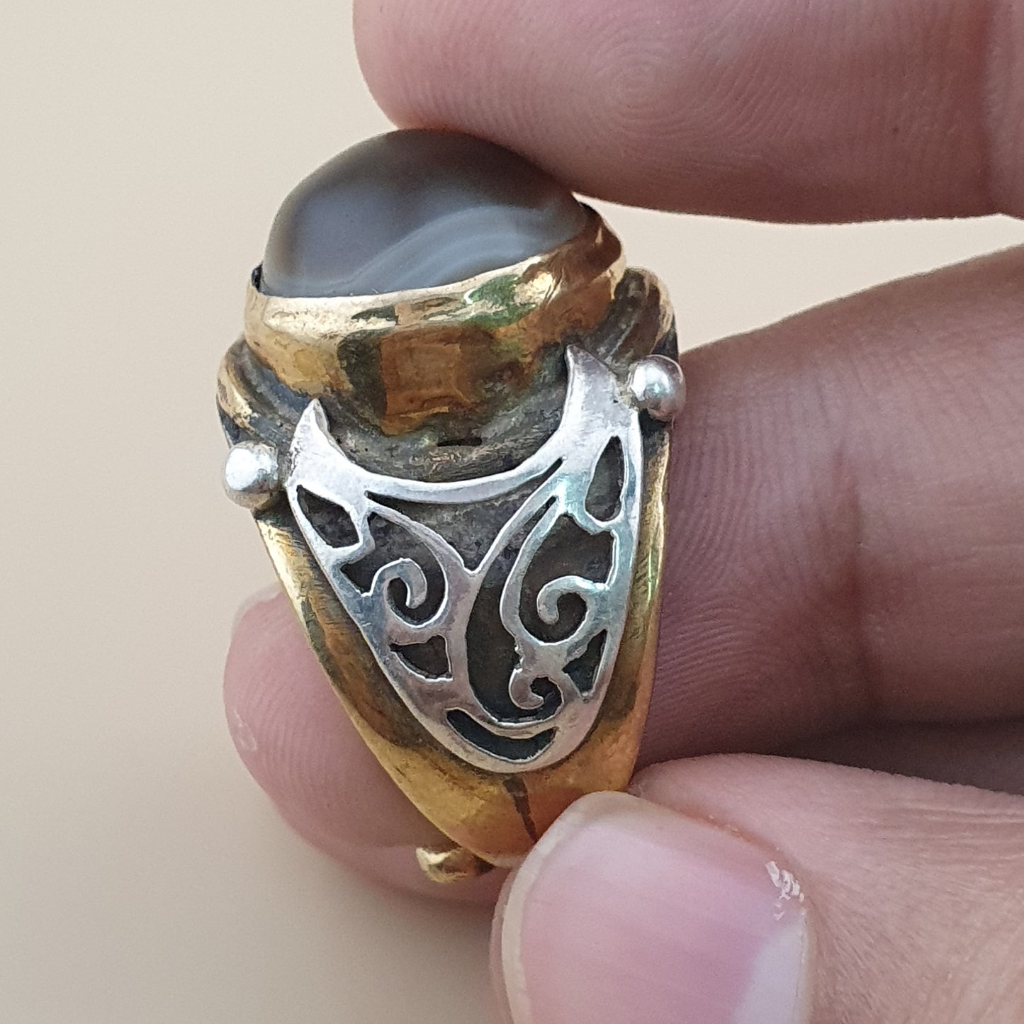Natur Sulemani Augen-Achat Edelsteinring Antik Messing Silber Design# 169