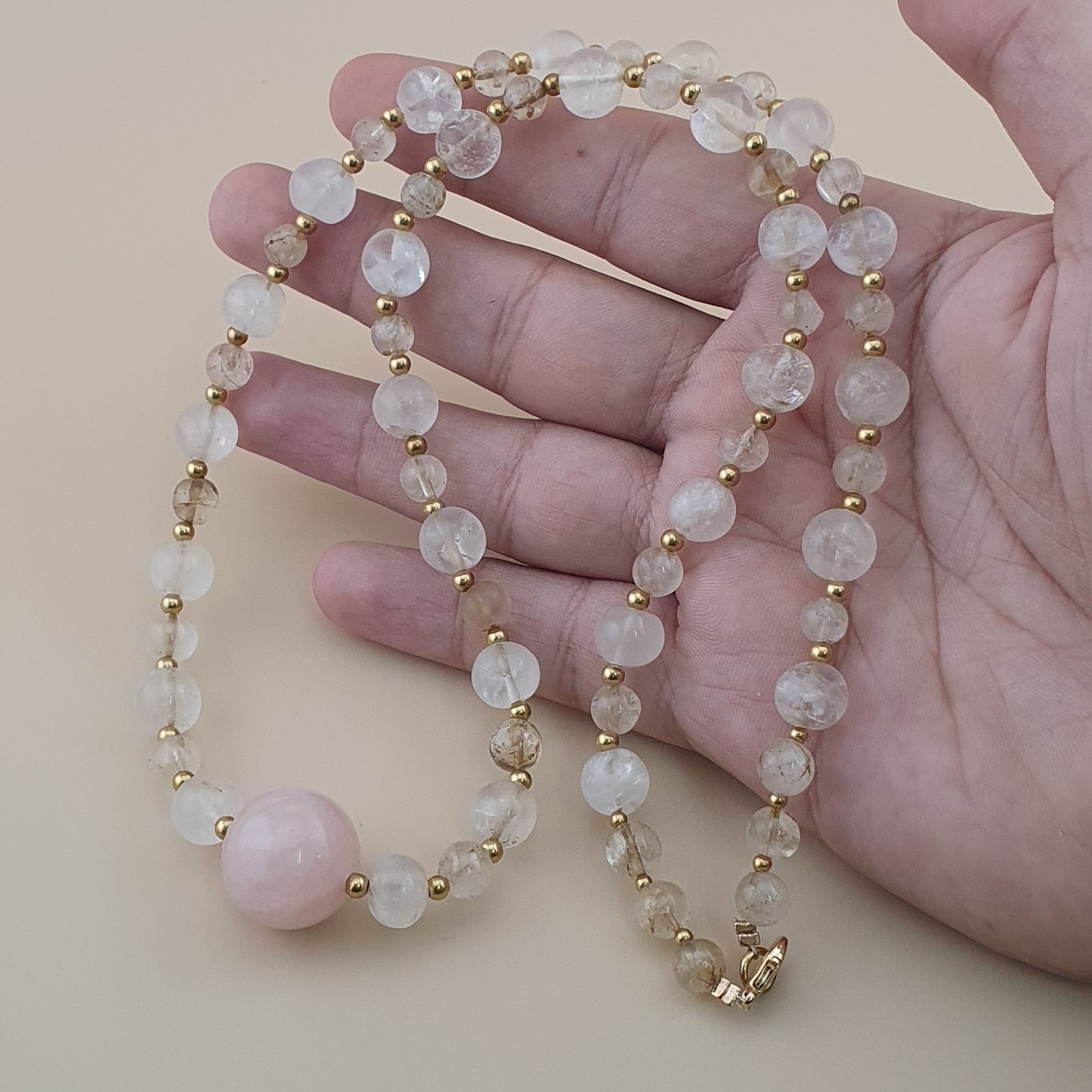 Vintage Himalayan Quartz with Rosary Big Quartz Pendant Beaded Necklace