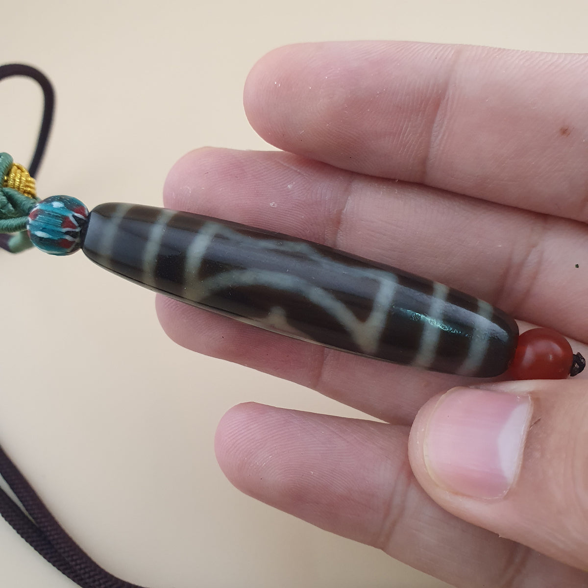 Vintage 2 Eyes Himalayan Tibetan Unique Pattern Agate Dzi Bead