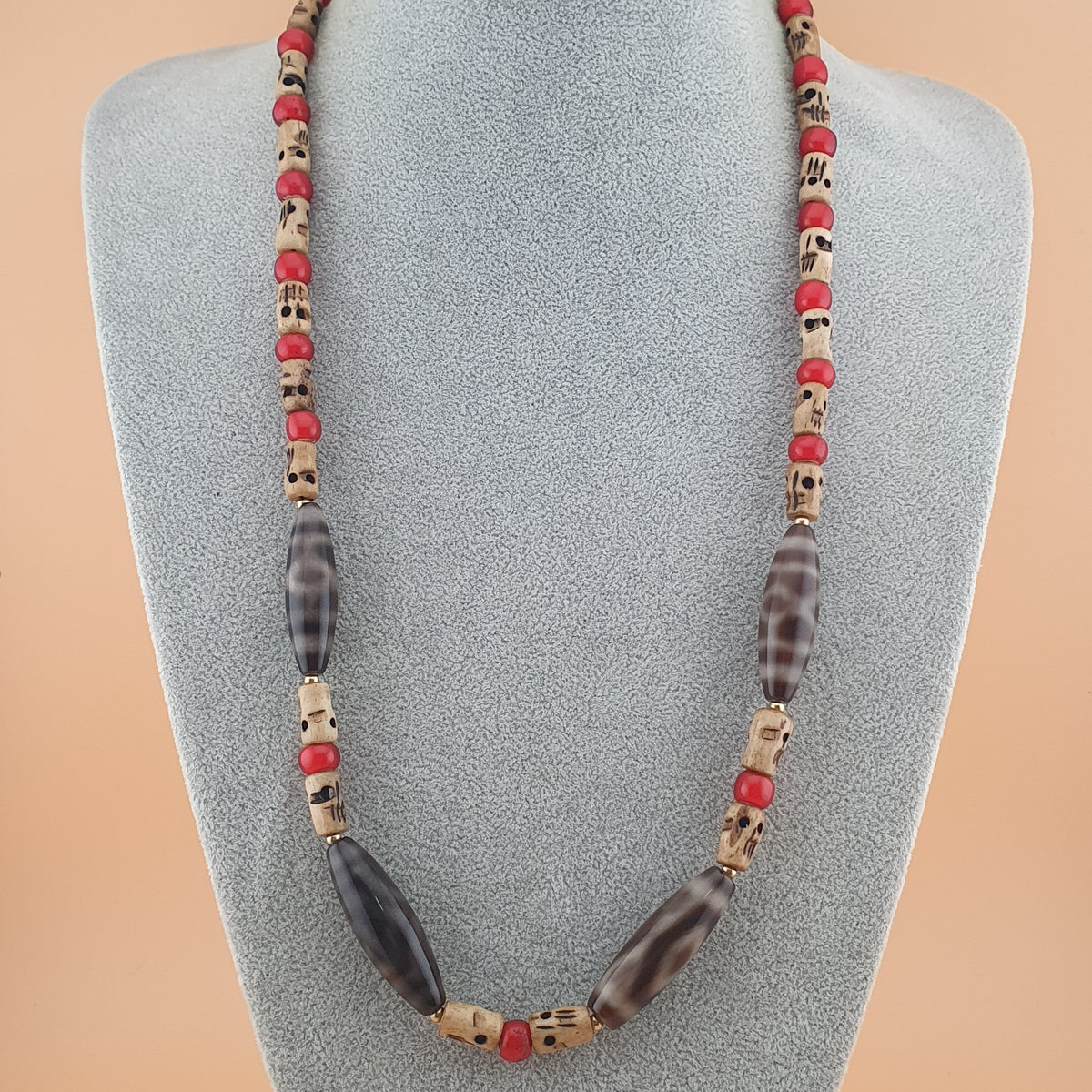 Collier de perles œil en agate de l'Himalaya du Tibet vintage et perles de verre Whiteheart