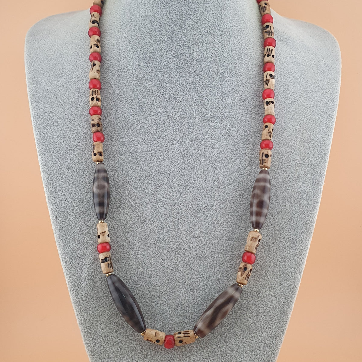 Collier de perles œil en agate de l'Himalaya du Tibet vintage et perles de verre Whiteheart