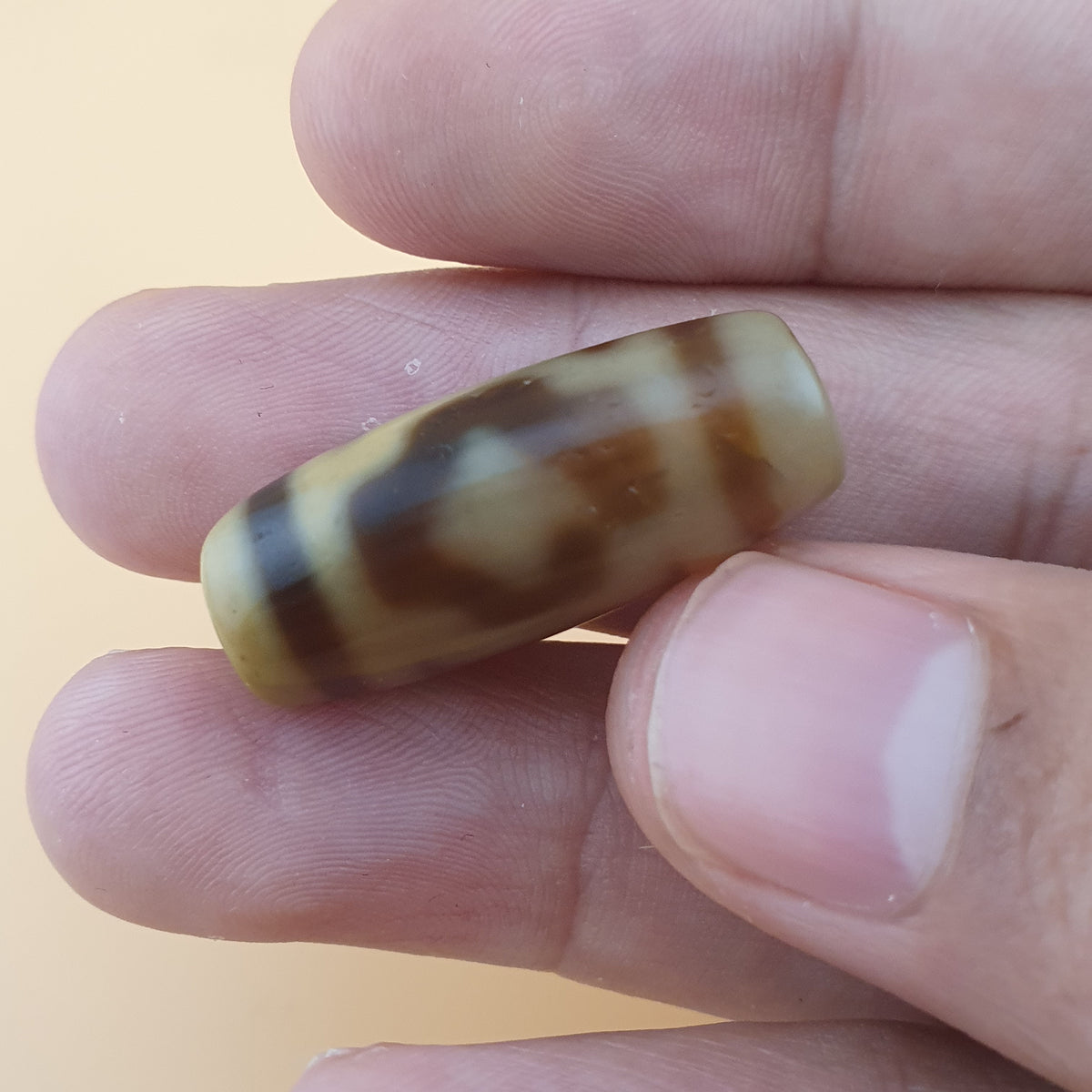 Amulette vintage en perles de dzi tibétaines en agate à motif zigzag de l'Himalaya