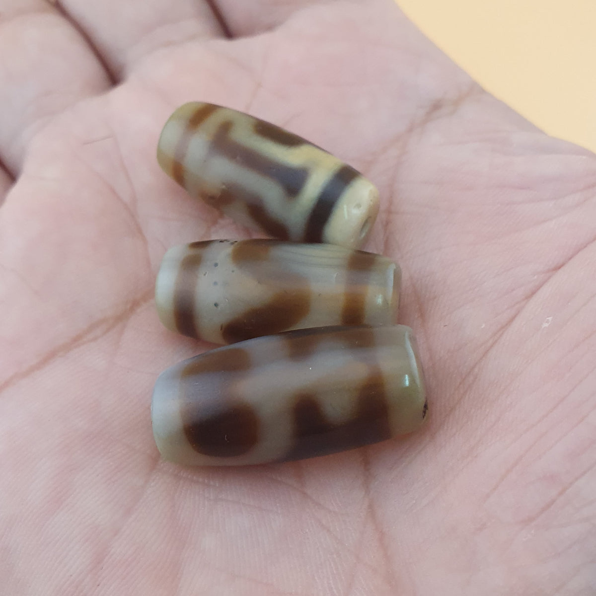 Amulette vintage en perles de dzi tibétaines en agate à motif zigzag de l'Himalaya