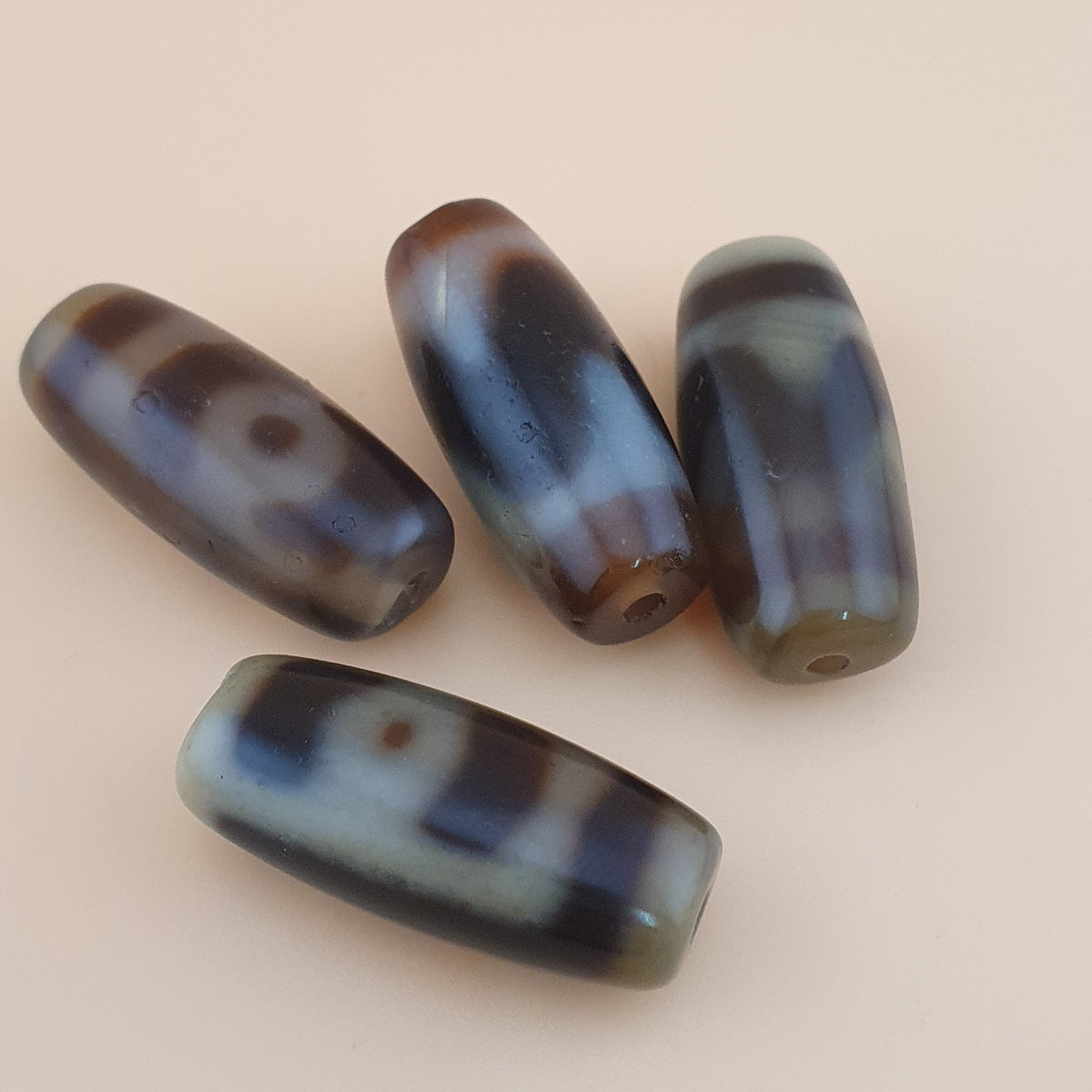 Vintage Himalayan Tibetan 2 Eyes & ZigZag Pattern Agate Bead Lot Of 4