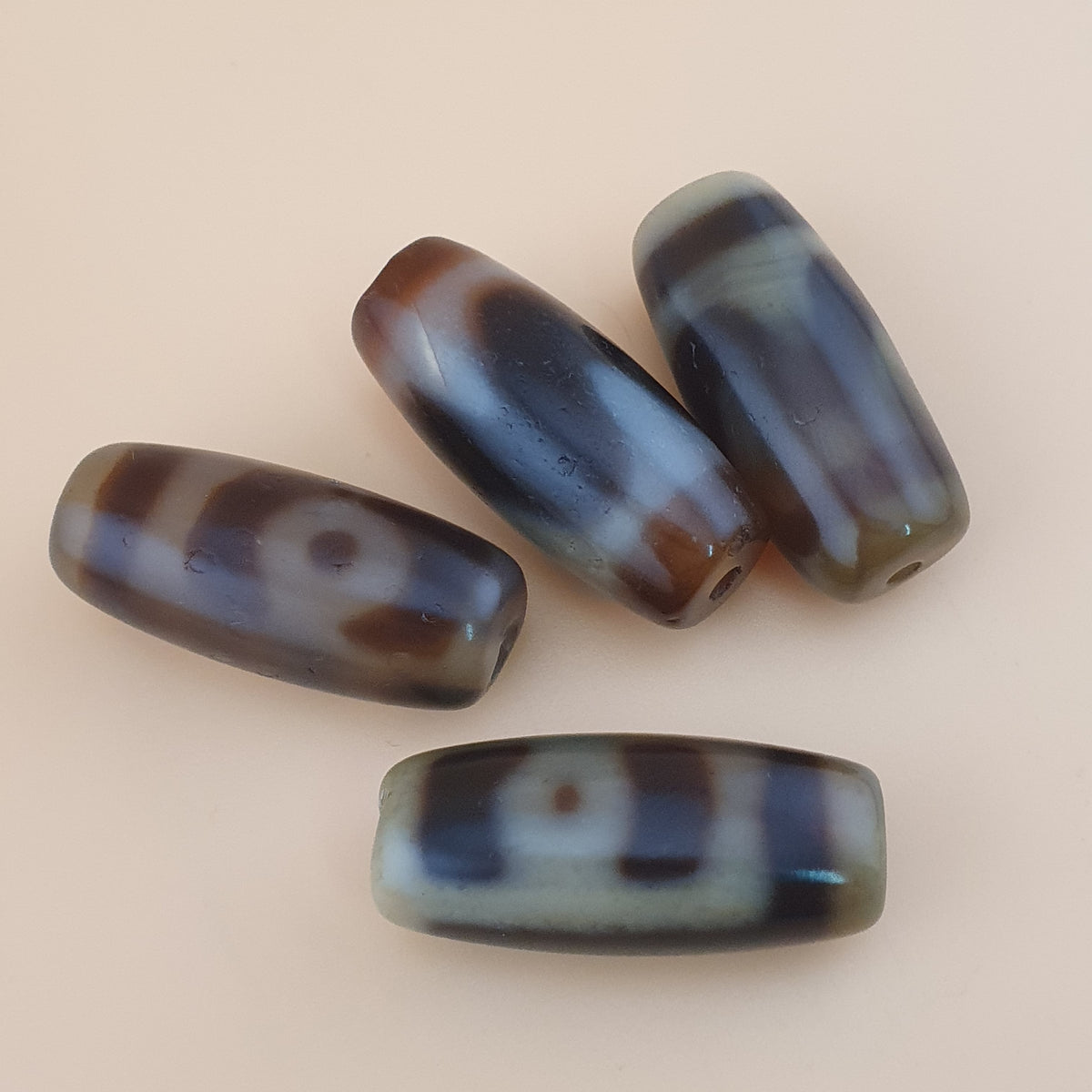 Vintage Himalayan Tibetan 2 Eyes & ZigZag Pattern Agate Bead Lot Of 4