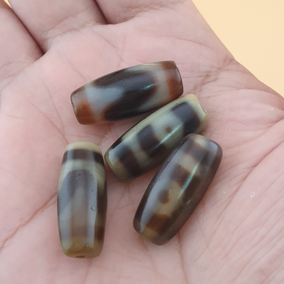 Vintage Himalayan Tibetan 2 Eyes & ZigZag Pattern Agate Bead Lot Of 4