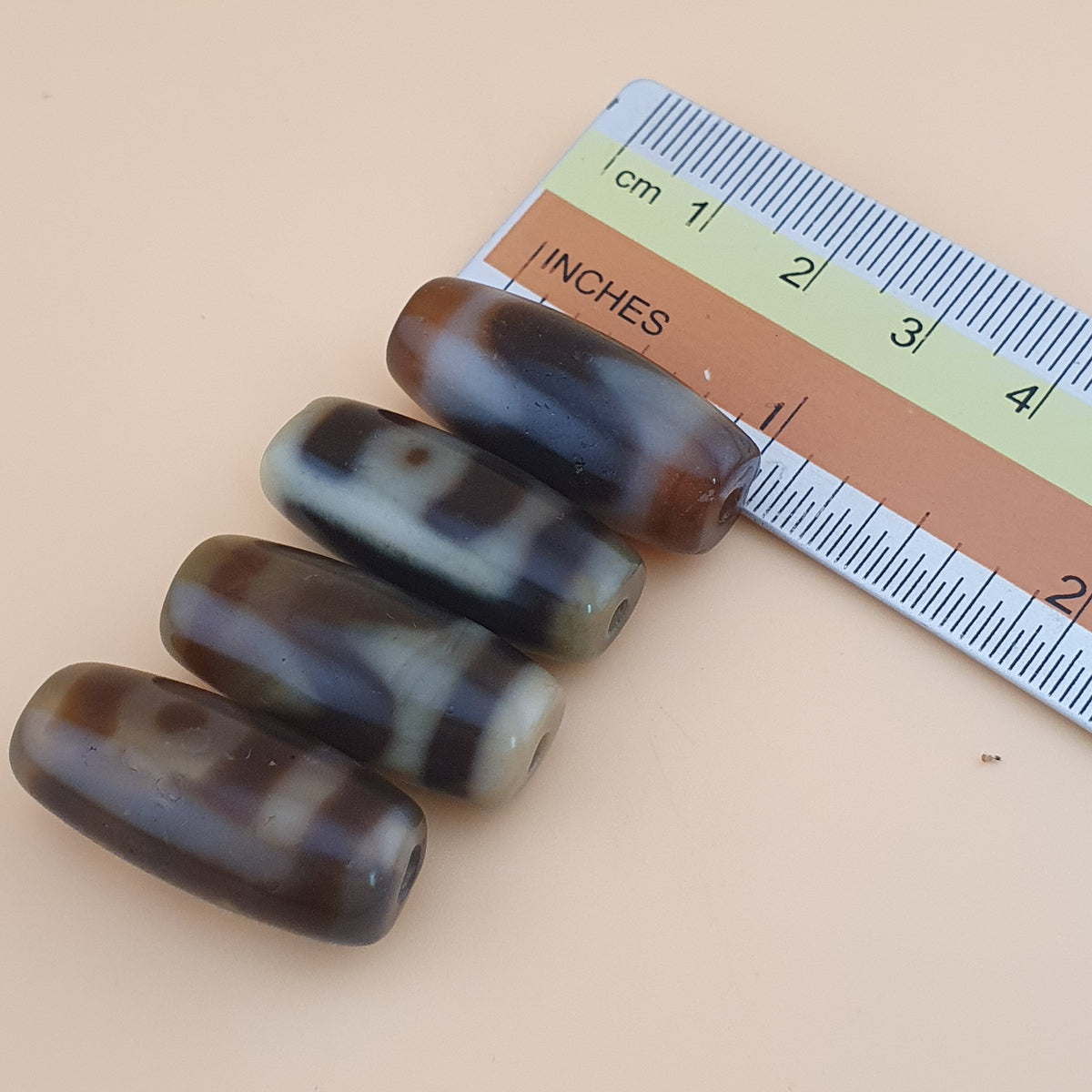 Vintage Himalayan Tibetan 2 Eyes & ZigZag Pattern Agate Bead Lot Of 4