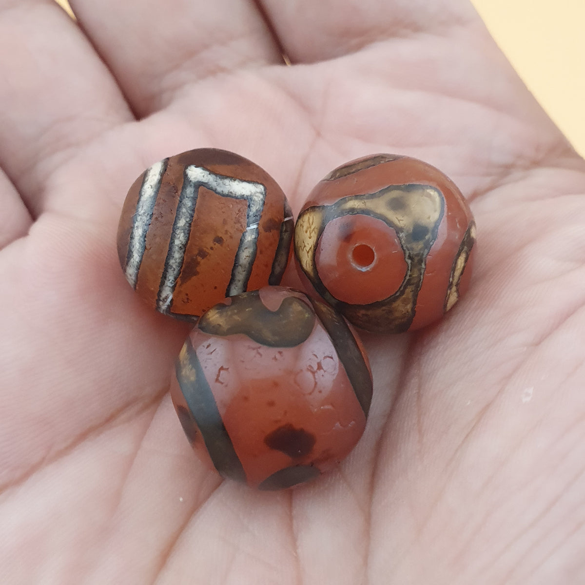 Vintage Etched Carnelian Agate Beads Tribal Gemstone Lot of 3