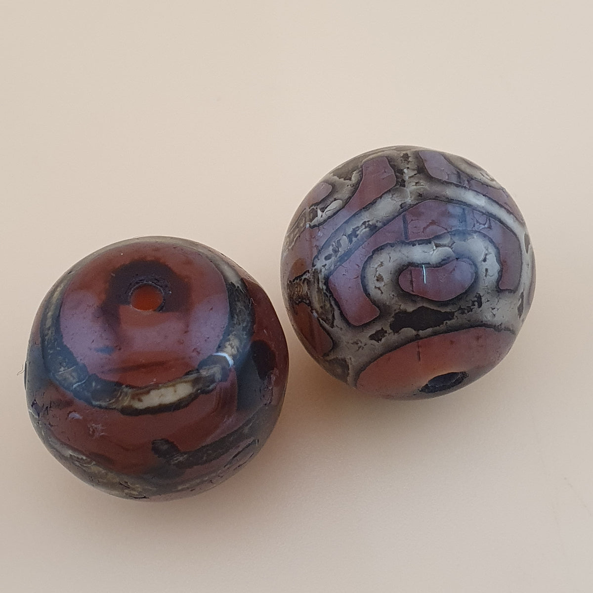 Rare Vintage Etched Carnelian Agate Beads Lot of 2