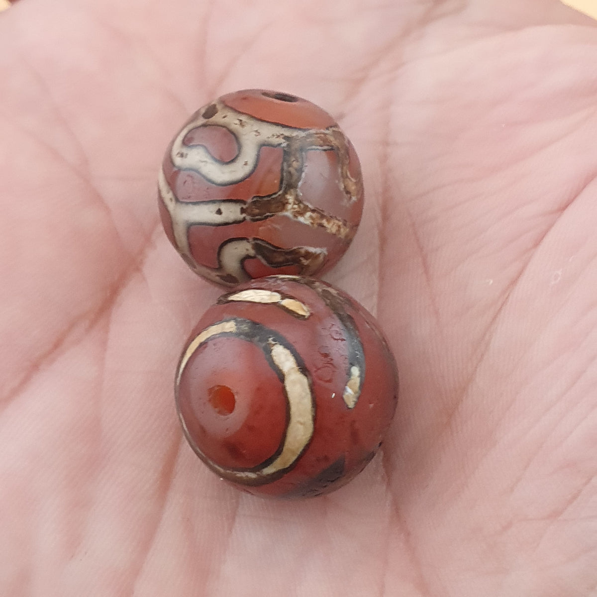 Rare Vintage Etched Carnelian Agate Beads Lot of 2