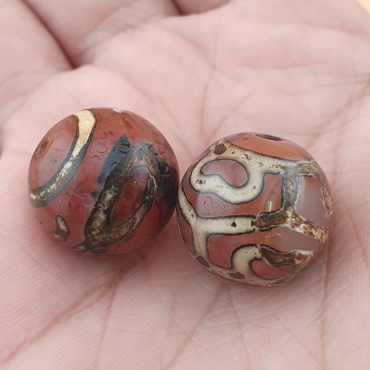Rare Vintage Etched Carnelian Agate Beads Lot of 2
