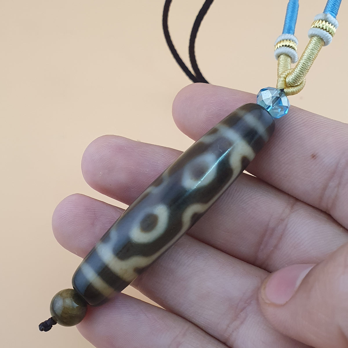 Perle Dzi tibétaine himalayenne vintage en agate à 4 yeux motif unique amulette