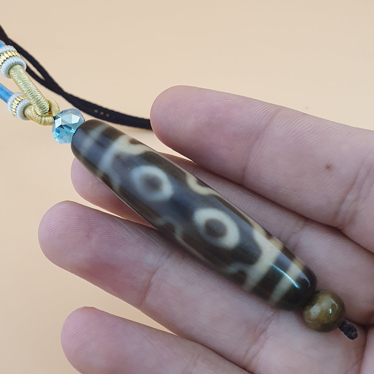 Perle Dzi tibétaine himalayenne vintage en agate à 4 yeux motif unique amulette