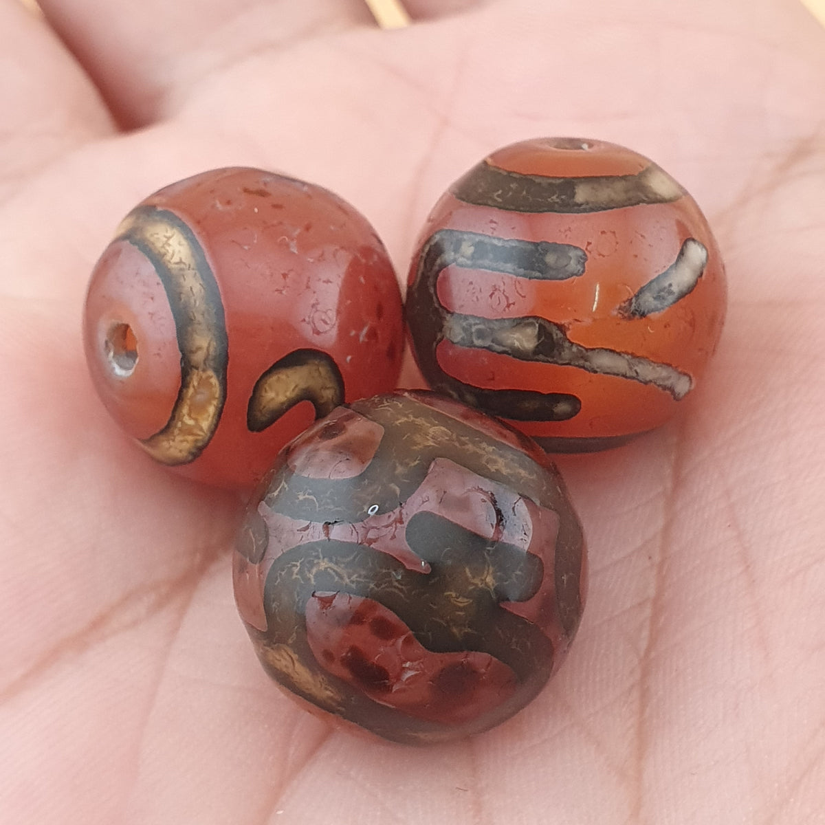 Vintage Lot of 3 Etched Carnelian Agate Unique Pattern Beads Lot