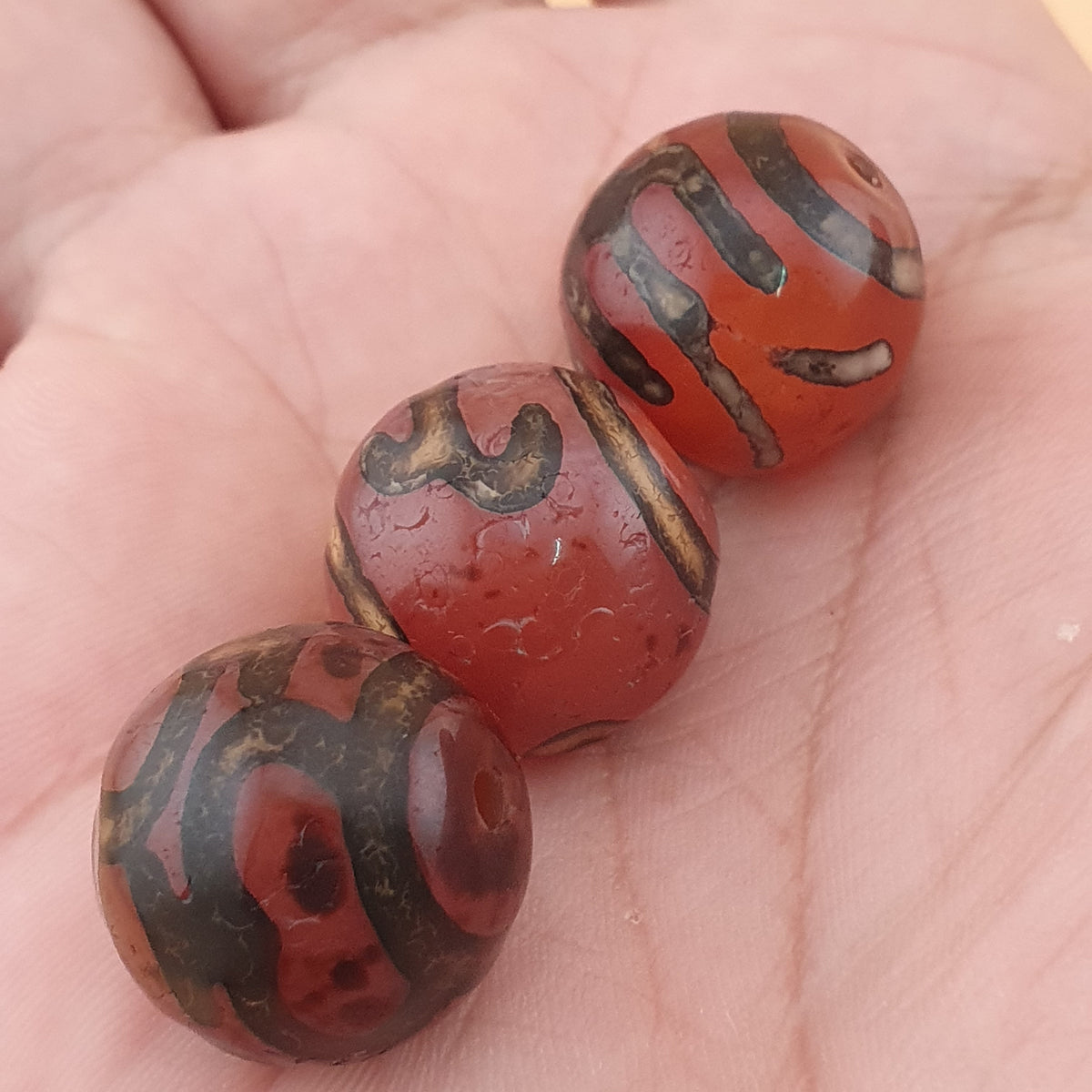 Vintage Lot of 3 Etched Carnelian Agate Unique Pattern Beads Lot