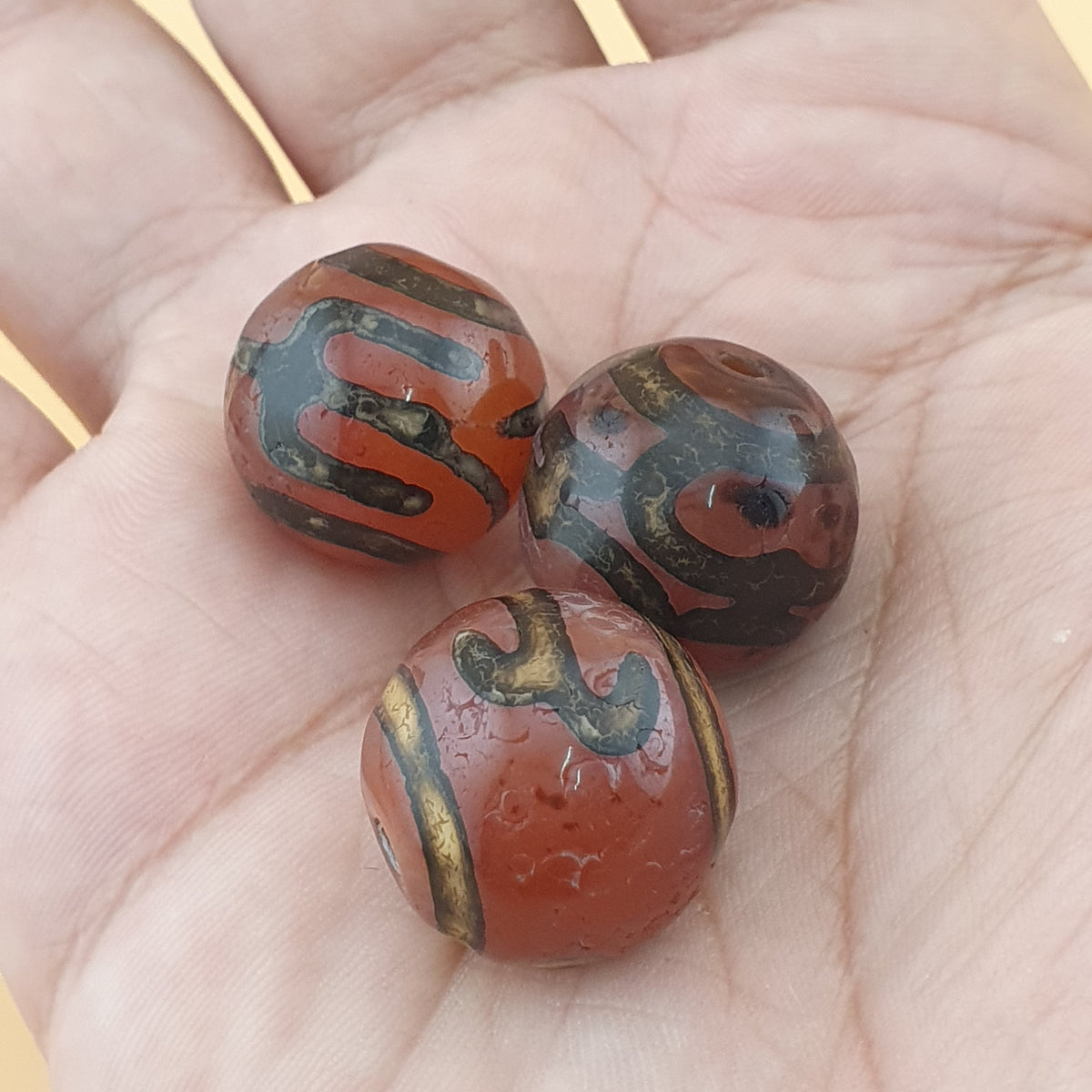 Vintage Lot of 3 Etched Carnelian Agate Unique Pattern Beads Lot