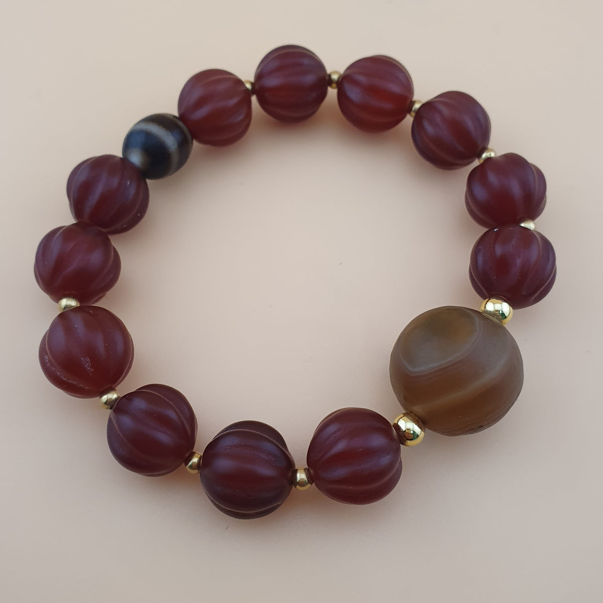 Vintage Melonenform Karneol-Achat mit mongolischem natürlichem Augen-Achat Armband